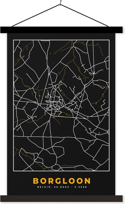 Posterhanger incl. Poster 40x60 cm - Schoolplaat - Goud - Borgloon - Stadskaart - Plattegrond - Kaart - Textielposter - Zwarte latten - Stadskaart