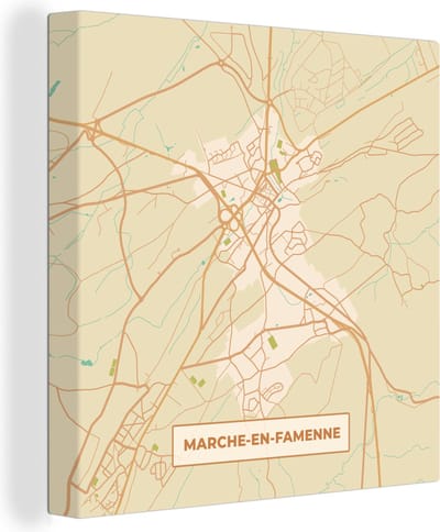 Canvas Schilderij Kaart - Plattegrond - Vintage - Marche-en-Famenne - Stadskaart - 20x20 cm - Wanddecoratie