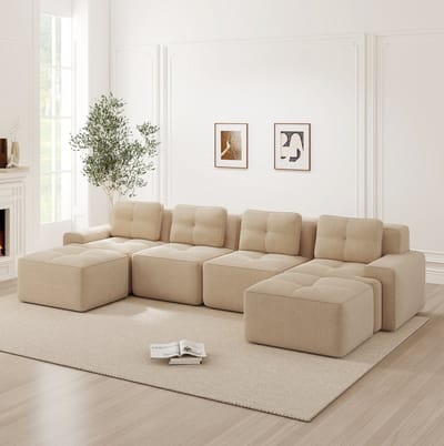DESMIU U-Bank 382 x 177 x 69 cm - Modulaire 4-Zits Bank Met Diepe Zitting En Slipvaste Basis - Voor Woonkamer - Cord Beige