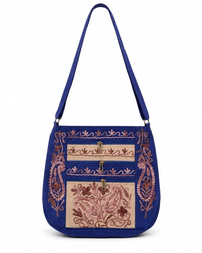 N3 Collecties Suede Geborduurde Handgemaakt Crossbody tas met Rits - Blauw/ Licht Bruin