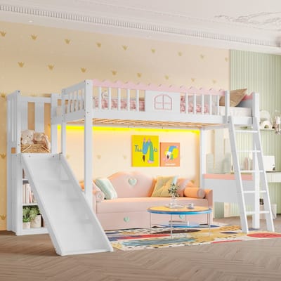 Sweiko Hoogslaper - 90x200 cm - met LED verlichting + legplank + glijbaan - Grenen - Zonder bank - Wit+Roze