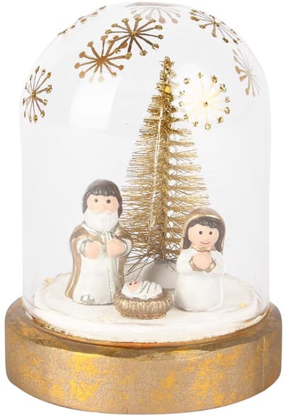 Dekoratief | Globe m/kerststalfiguren, goud/wit, glas, LED, 9x9x12cm | A255769