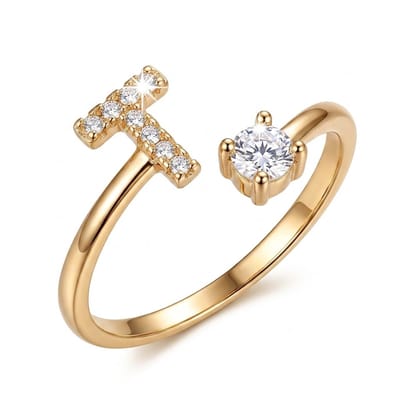 Goudkleurige en witkleurige ring met initiaal T voor dames en heren – letter ring met decoratief initiaal ontwerp – minimalistische ring