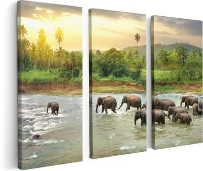 Artaza Canvas Schilderij Drieluik Kudde Olifanten In Het Water - 120x80 - Foto Op Canvas - Canvas Print