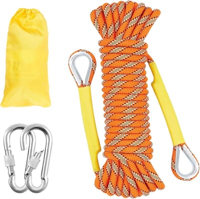 Statisch Klimtouw 12mm voor Outdoor Activiteiten - 90m Gevlochten Nylon Touw met 2 Stalen Haken voor Klimmen, Kamperen en Brandredding