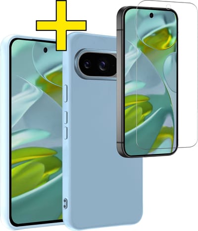 Hoesje - Met Screenprotector - Geschikt voor Google Pixel 9 - Sterk & Shockproof - Back Cover - Siliconen Case - Telefoon Hoes - Telefoonhoesjes - Lichtblauw