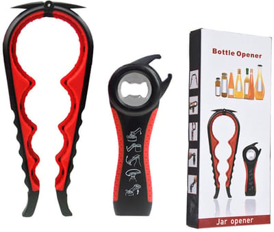 Tweedelige multifunctionele flesopener - Multifunctionele flesopener - Flesopener - Bierflesopener - Blikopener - Hulpmiddelen voor ouderen - Zwart/Rood