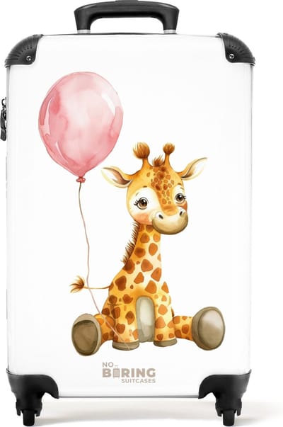 NoBoringSuitcases.com® - Kinderkoffer meisje - Kindertrolley meisjes - Giraffe met roze ballon - Handbagage koffer lichtgewicht - Reiskoffer trolley kinderen - Rolkoffer met wieltjes - Past binnen 55x40x20 en 55x35x25