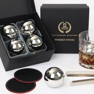 Dailygoods- Whiskystenen van roestvrij staal - Herbruikbare ballen - Grappig kerstcadeau - Cadeau voor mannen - Witte olifant - Set van 4 grote ballen - Whiskyballen