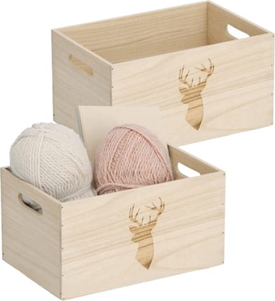 Zeller Opberg box/kist - 2x - naturel - hout - gestempeld hertenmotief - 30 x 20 x 16 cm - speelgoed opbergen