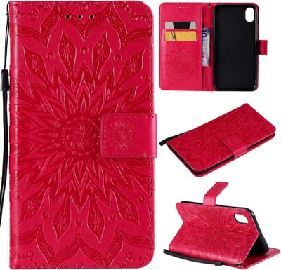 Peachy Zonnebloem patroon Leren Wallet Bookcase geschikt voor iPhone XR hoesje - Rood standaard
