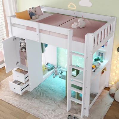 90x200cm hoogslaper - met 4 lades en 1 opbergkast - bureau - open kledingkast - met LED-verlichting en USB - wit - zonder matras