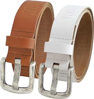 Landley Leren Geperforeerde Riemen Voordeelset - Duopack met 2 riemen - Breedte 4 cm - Dames en Heren - Echt Leer - Cognac en Wit - Lengte totaal 105 cm / Riemmaat 85