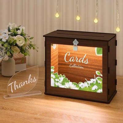 Houten Kaartendoos met Slot en LED Verlichting voor Bruiloft, Cadeaus en Feestdecoratie