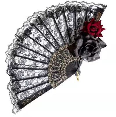 Halloween Zwarte Handwaaier Met Kanten Rozen – Vintage Opvouwbare Spaanse Waaier Voor Vrouwen & Meisjes