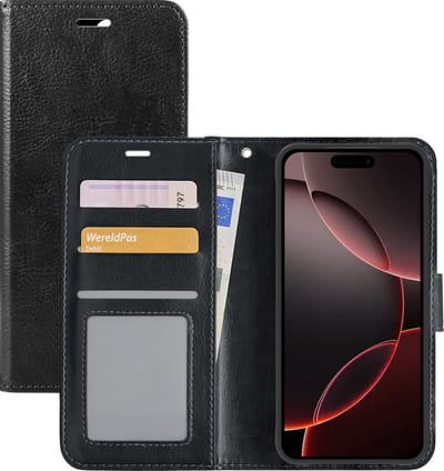 Hoesje - Met Pasjeshouder - Geschikt voor Apple iPhone 16 Pro - Luxe Bookcase Portemonee - Flip Case - Kunstleer Book Case - Flipcase - Book Cover - Walletcase - Portemonneehoes - Zwart