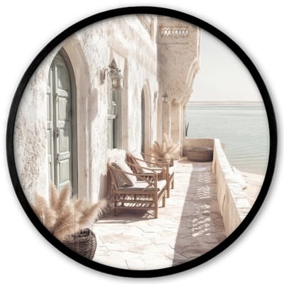 Poster in lijst Rond - Fotolijst 40x40 cm - Posters - Terras - Stoelen - Strand - Beige - Ronde posterlijst zwart - Decoratie - Wanddecoratie woonkamer - Muurdecoratie slaapkamer