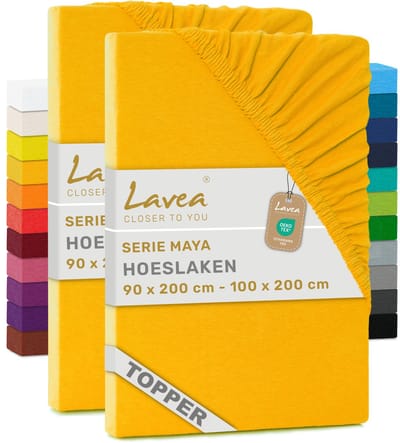 Lavea® Set van 2 Hoeslakens voor Topper 90x200cm - 100x200cm – Jersey 100% Katoen – voor Topmatras tot 10 cm – met Elastiek Rondom – Goudgeel