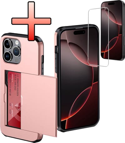 Hoes Geschikt voor iPhone 16 Pro Hoesje Pasjeshouder Hard Cover Met Screenprotector Shock Proof Hard Case Hoes Met Kaarthouder - Rosé goud
