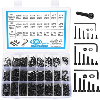 Dailygoods - Cilinderschroeven met binnenzeskant, 1080 stuks M2 M3 M4 koolstofstaal binnenzeskant schroef met moeren en sluitringen, schroefdraadschroeven, machineschroeven, assortiment kit