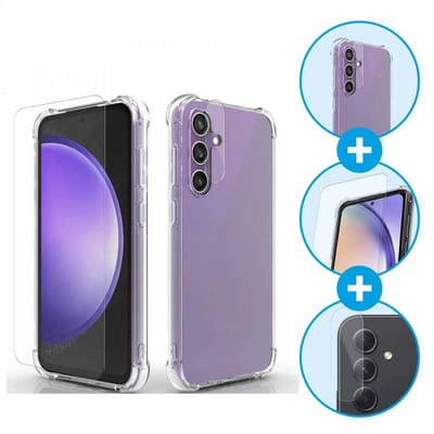 Schokbestendig Doorzichtig Hoesje Geschikt voor Samsung Galaxy S23 FE + 9H Tempered Glass Screen Protector + Camera Protector Transparant | 360° Beschermset