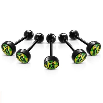 Aramat Jewels | Tongpiercings | Zwarte Bioplast Tongpiercing hem en haar | Camouflage-Groen | |8mm | Kunststof | Volwassenen | Verkleurd niet