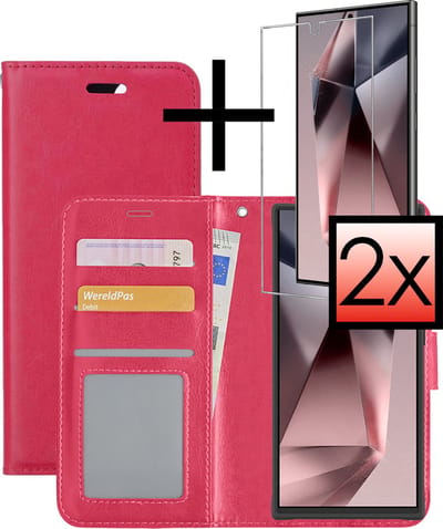 Hoesje - Met 2x Screenprotector - Geschikt voor Samsung Galaxy S24 Ultra - Luxe Pasjeshouder - Bookcase Portemonee - Flip Case - Kunstleer Book Case - Flipcase Hoes - Book Cover - Walletcase - Portemonneehoes - Donkerroze