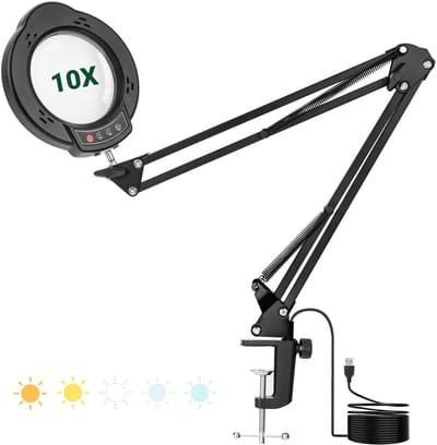 Dailygoods - WISYOK Vergrootglas met licht en standaard, 10 x led-vergrootlamp met grote zwenkarm, 5 kleurmodi, 10 traploos dimbaar, 2-in-1 vergrootlamp met klem, leesloep voor senioren, tafelloep, slechtzienden