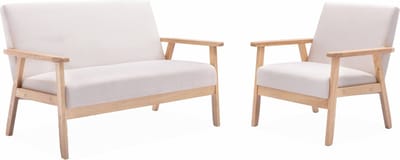 sweeek - Tweezits bankje en fauteuil van hout met stoffen zitting - isak