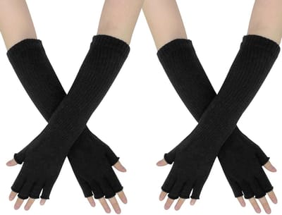 Lange Zwarte Vingerloze Handschoenen voor Dames - 2 Paar Gebreide Halfvinger Handschoenen voor Herfst en Winter, Ideaal voor Meisjes en Tieners