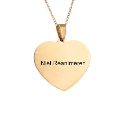 Gegraveerde Niet Reanimeren Ketting - Niet Reanimeren Penning - Do Not Resuscitate - Gegraveerd - Hart - Hartje - Roestvrij Staal - RVS - Verstelbaar - Goudkleurig