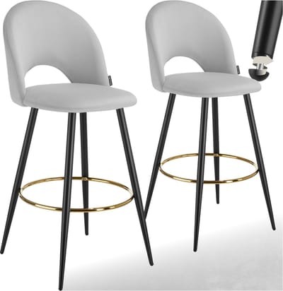 tectake® - Set van 2 Barkrukken Sachel - Gestoffeerde Barkruk met rugleuning - Barstoelen - Ergonomische Barstoel met voetensteun - Eetkamerstoel met fluweellook bekleding - Stevige stalen poten met antislip vloerbescherming - Lichtgrijs/Zwart