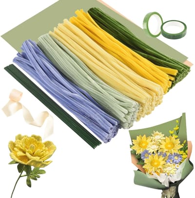 300 stuks zonnebloem pijpenragers voor knutselen - Bloemenset met cadeaupapier en cadeaulint