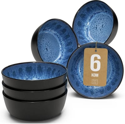 Pure Living Ibiza Dark Set Van 6 Kommen - 700ml - Diepblauw - Aardewerk - Vaatwasserbestendig - Magnetronbestendig
