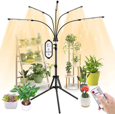 Rosnek Kweeklamp Full Spectrum 5 Koppen - LED Groeilamp met Afstandsbediening - Verstelbaar Statief 50-150 cm & 360° Flexibele Arm - Timer 4/8/12u - 10 Dimstanden voor Binnenplanten