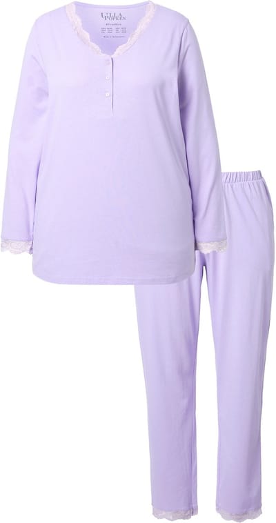 Ulla Popken - Dames - Pyjama kant knopen V-hals lange mouwen - Zachtlavendel - Maat 46+