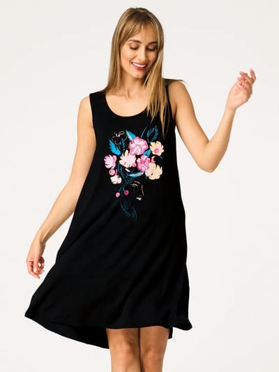 Key Bamboe Dames Nachthemd Zomer Bloemenprint Zwart Roze LND 560 36 / S