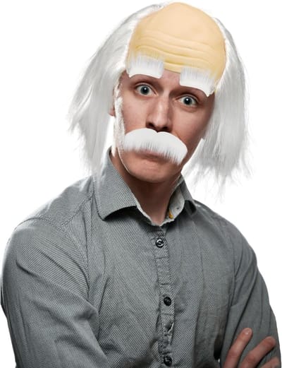 Drie-delige kostuumset voor mannen met pruik, kaal hoofd en snor voor feest, cosplay en Halloween