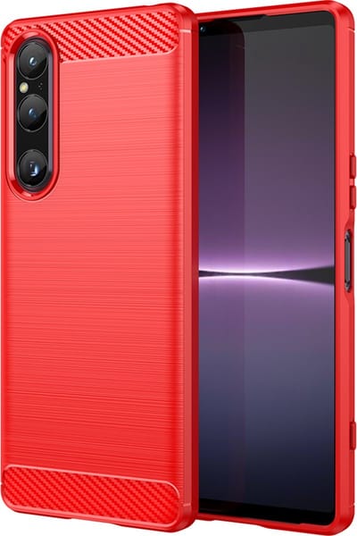 MobyDefend Hoesje - Geschikt voor Sony Xperia 1 V - TPU Backcover - Geborstelde Metaal & Carbon-Look - Rood