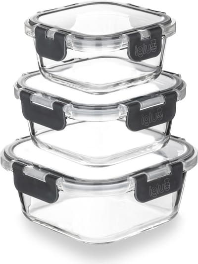Famanu – Glazen vierkante meal prep set 3 – 800/520/320 ml, lekbestendige deksels