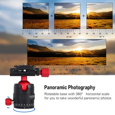 Rotule panoramique en alliage + plaque QR rotative à 360 degrés pour trépied et monopode d'appareil photo rouge