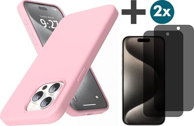 Hoesje met Privacy Screenprotectors 2 Stuks Geschikt voor iPhone 15 Pro Hoesje Siliconen - liquid case - Arara Backcover - Roze