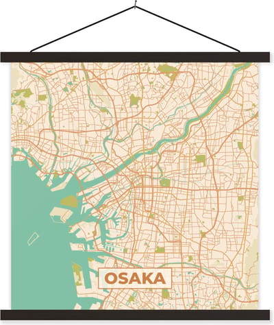 Posterhanger incl. Poster 60x60 cm - Schoolplaat - Kaart - Osaka - Stadskaart - Vintage - Plattegrond - Textielposter - Zwarte latten - Stadskaart