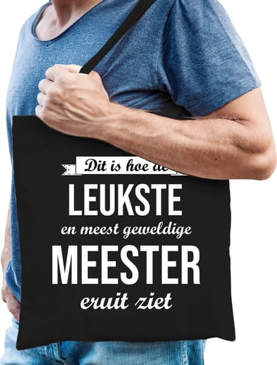 Leukste meester katoenen cadeau tas zwart voor heren - verjaardag cadeau tas voor een leraar / leerkracht / meester / bedankje