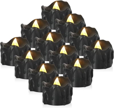 Led-theelichtjes 12 stuks zwart - Flakkeloze, batterijaangedreven kaarsen voor Halloween, kerst en bruiloften
