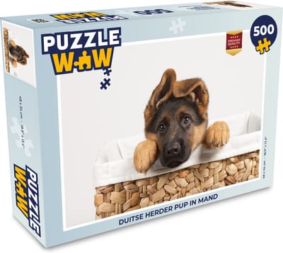Puzzel Duitse herder pup in mand - Legpuzzel - Puzzel 500 stukjes