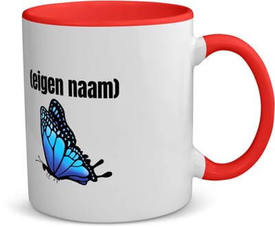 Akyol - blauwe vlinder met eigen naam koffiemok - theemok - rood - Vlinder - dieren liefhebber - iemand die houdt van vlinders - verjaardag - cadeau - kado - geschenk - 350 ML inhoud
