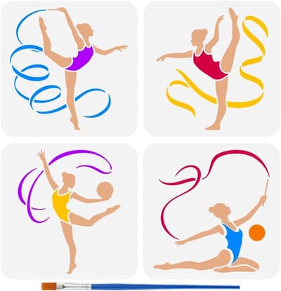 4 Stuks Gymnastiek Schilder Stencils met Kwast 20x20cm Herbruikbare Plastic Sjablonen voor Schilderen op Hout en Stof, Creatief Atelier voor Sportieve Vrouwen