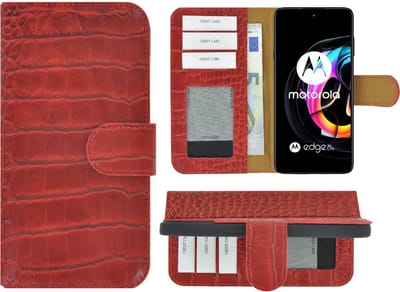 Hoesje Motorola Moto Edge 20 Lite - Bookcase - Portemonnee Hoes Echt leer Wallet case Croco Rood