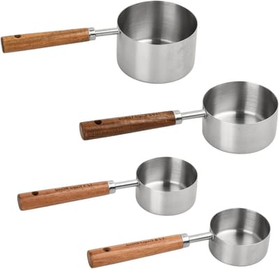 Set van 4 Maatlepels en Maatbeker van RVS met Houten Handvat, Perfect voor Bakken en Koken met Nauwkeurige Schaal en Duurzaam Ontwerp